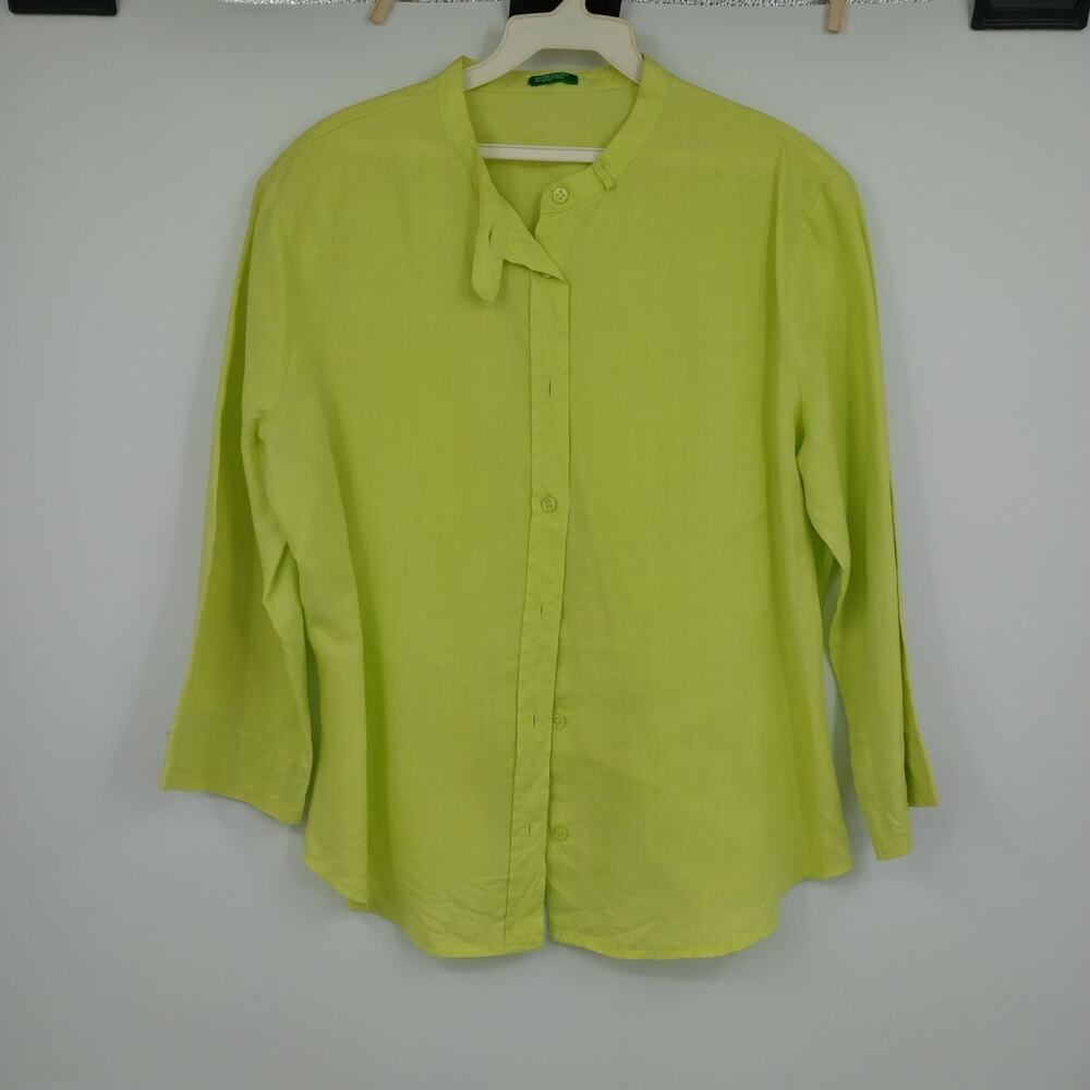 United Colors of Benetton Linen Blend Button Up Blouse Lime Green Women's Large